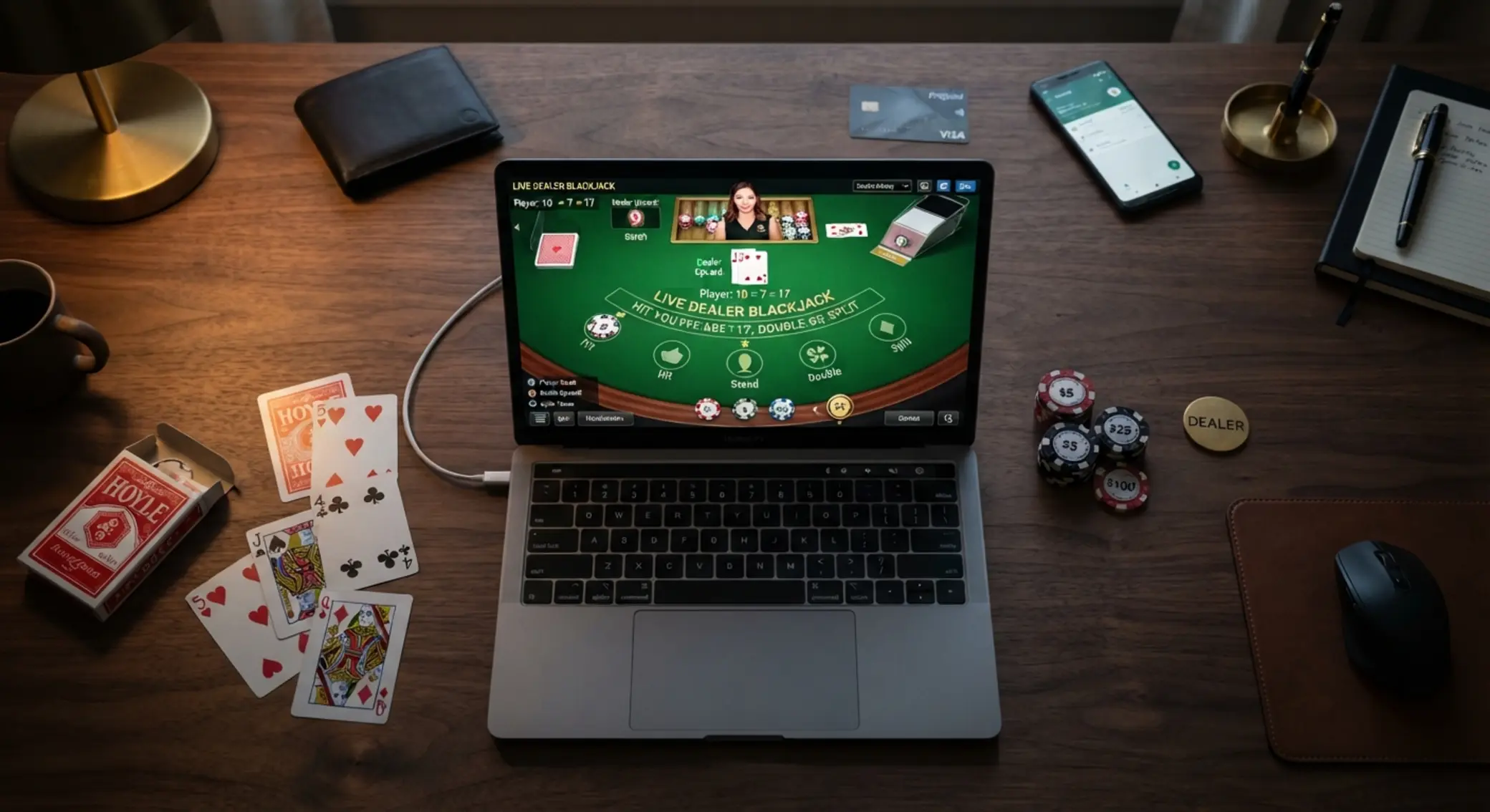 Stół blackjack online z motywem wpłaty przedpłaconej Laptop z blackjackiem online, karty i żetony z motywem przedpłaconej wpłaty