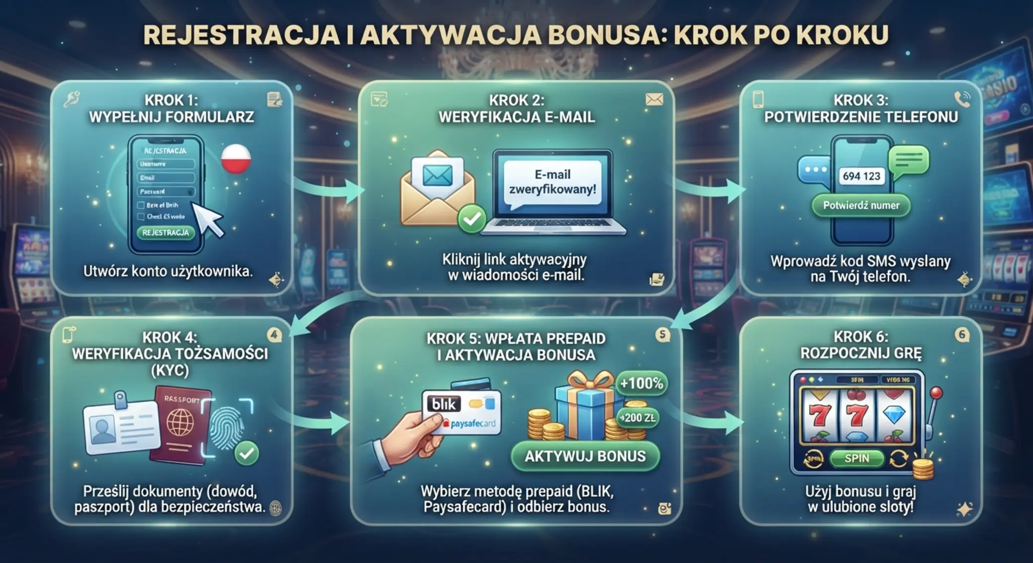 Rejestracja i aktywacja bonusu bez depozytu Schemat rejestracji i aktywacji bonusu bez depozytu krok po kroku