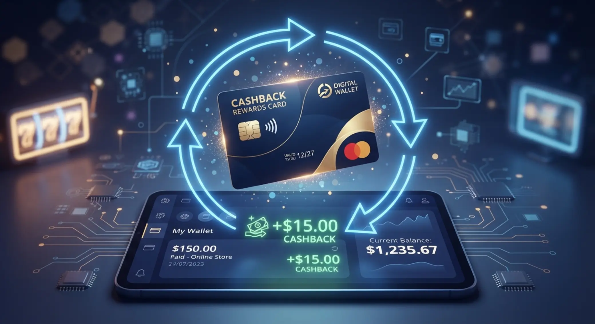 Ilustracja cashbacku online z kartą Paysafecard i symbolem zwrotu środków