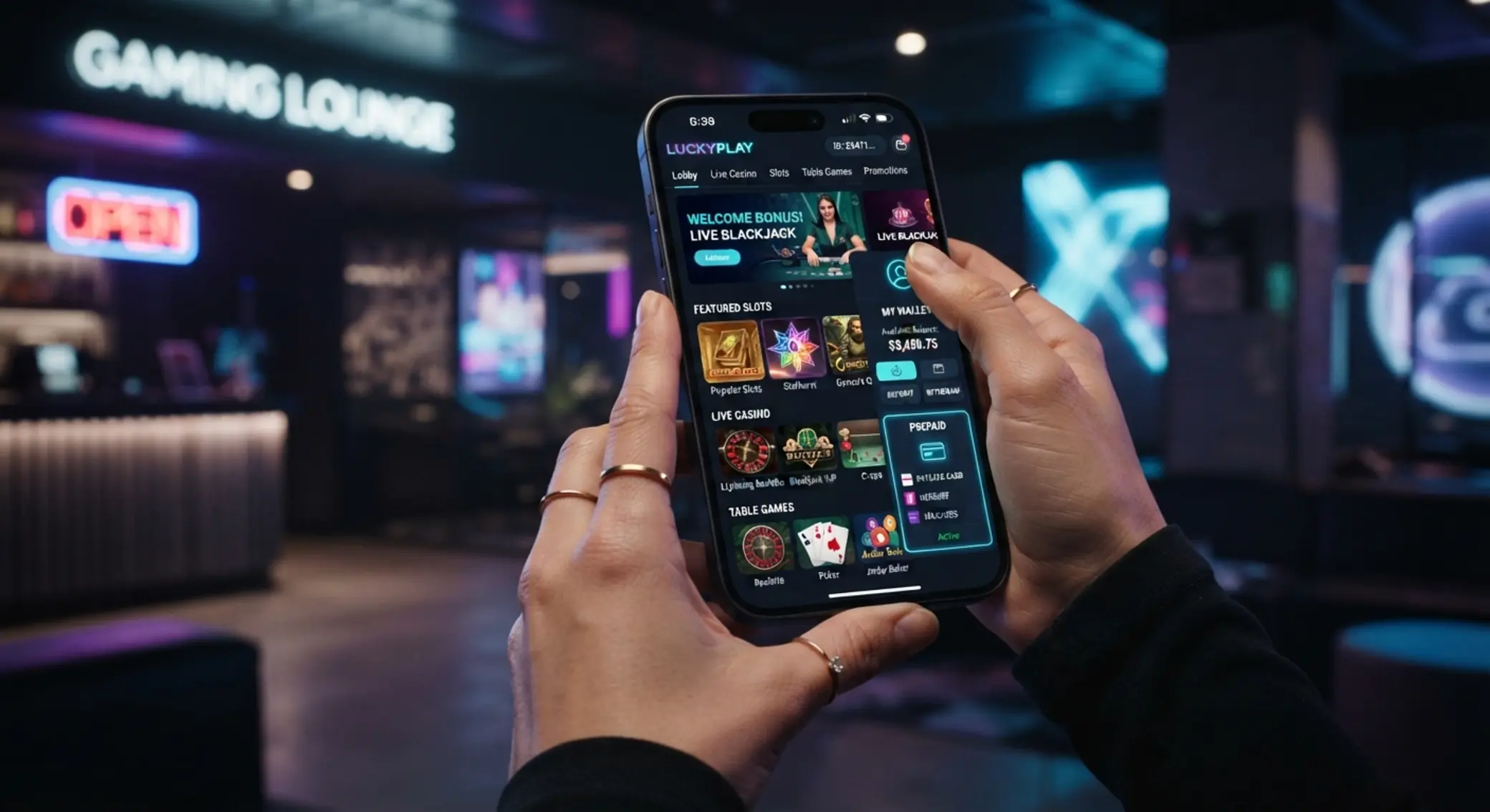 Smartfon z mobilnym lobby gier i ikoną Paysafecard