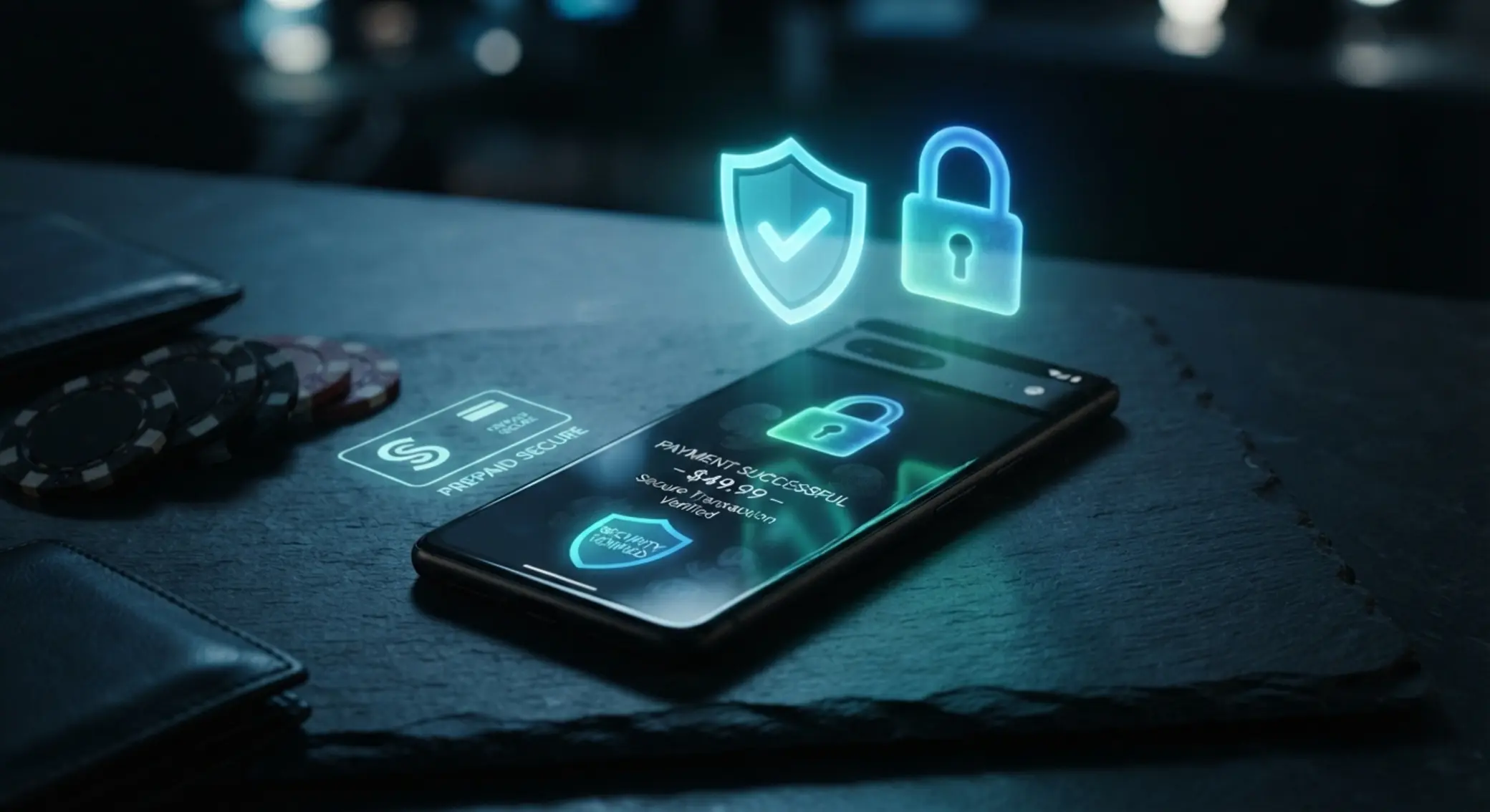 Smartfon z tarczą ochronną i ikoną płatności prepaid