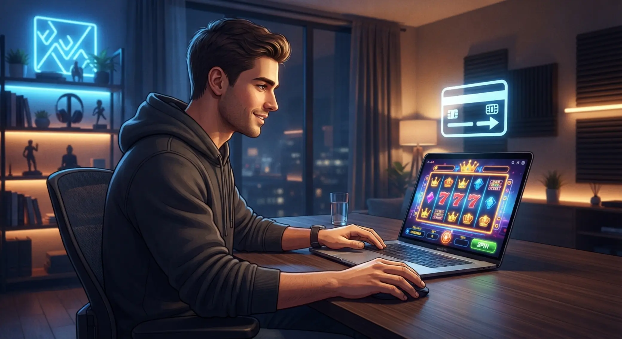 Gracz przy laptopie z automatem online i ikoną płatności prepaid