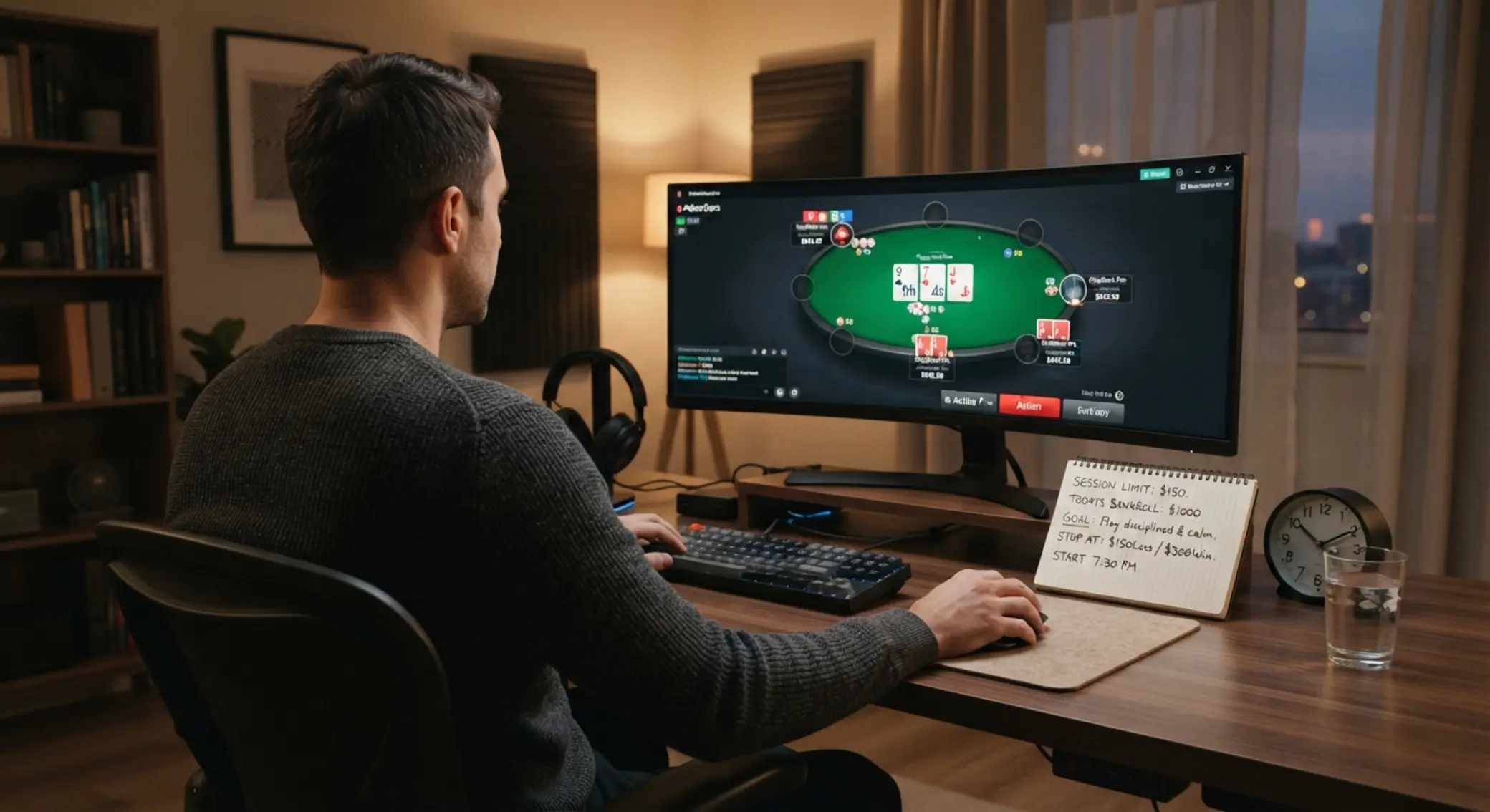 Gracz online przy komputerze ze stołem pokerowym i notatkami budżetowymi