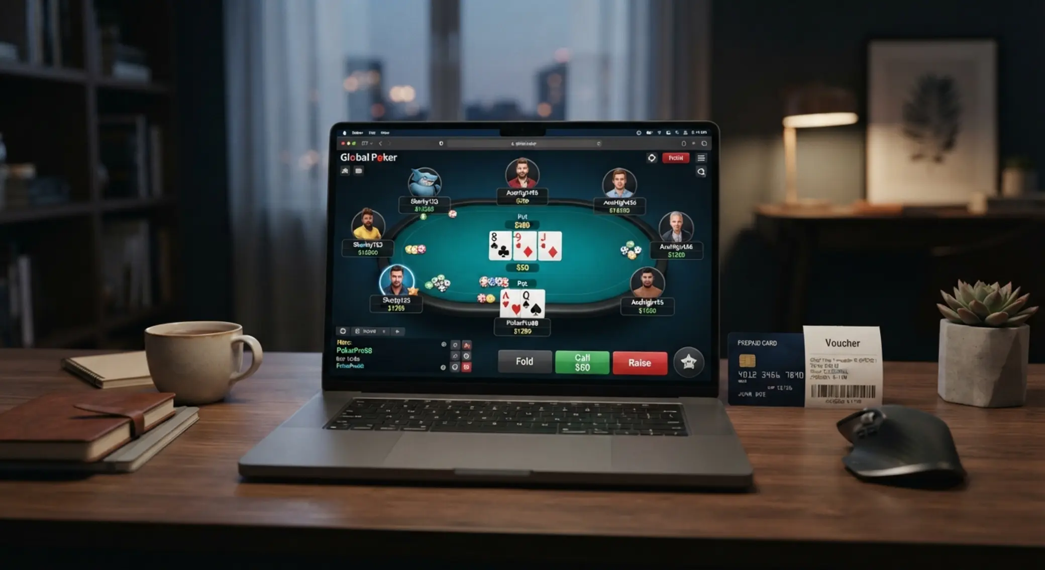 Karta prepaid obok laptopa ze stołem pokerowym online