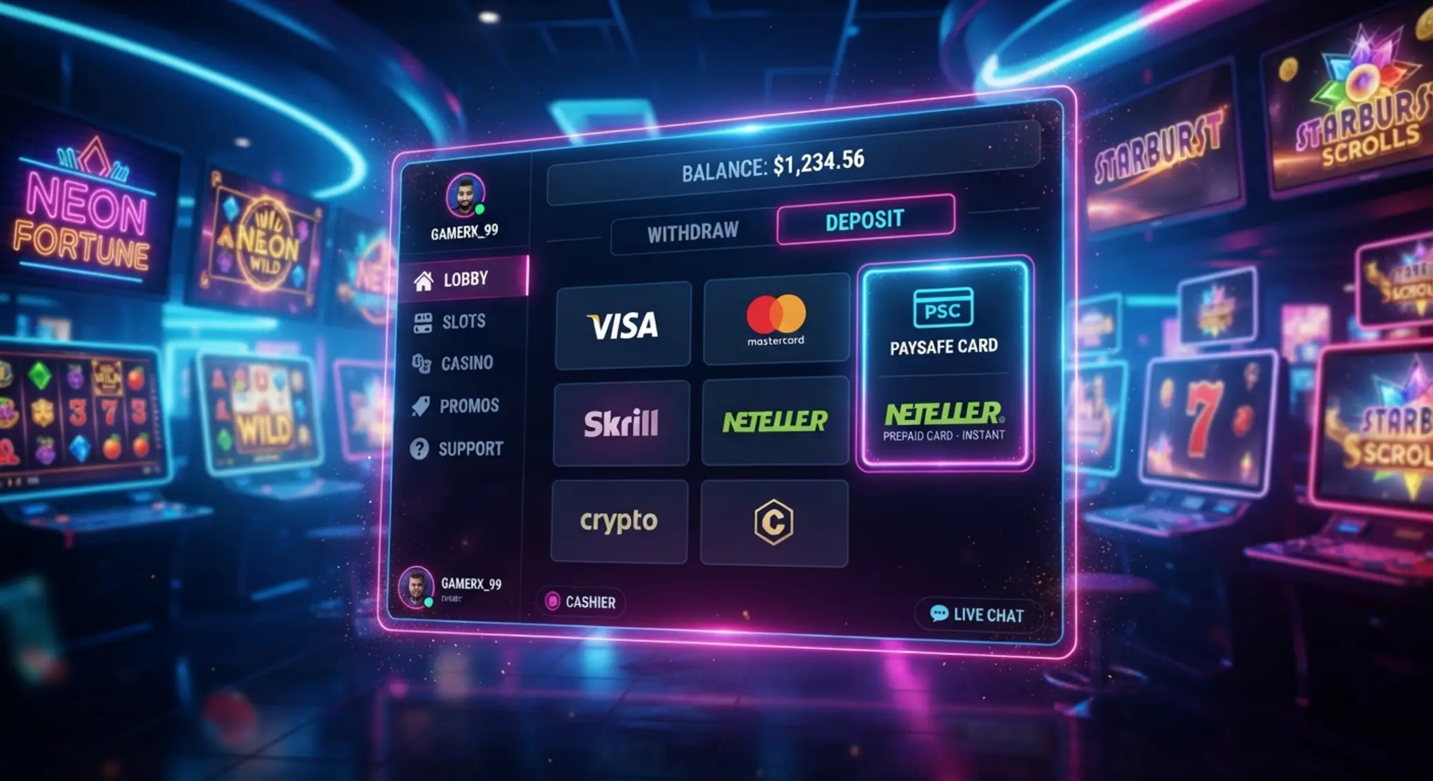 Lobby RollingSlots z wyróżnioną metodą Paysafecard